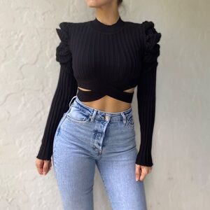 Balboa Black Long Sleeve Knit Top with Puffed Sleeves & Criss-Cross Cutout - SM